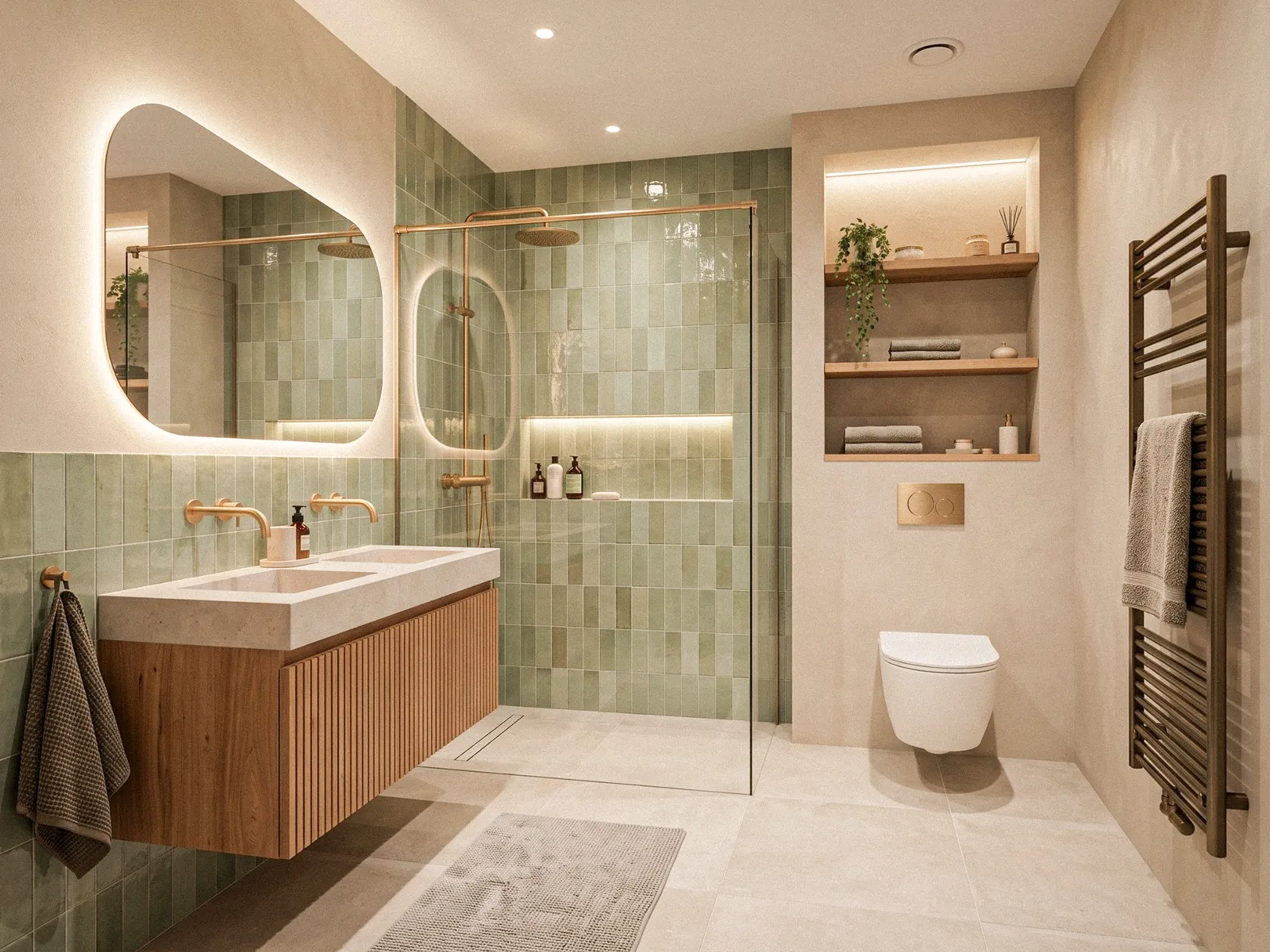 Badkamer na de renovatie: inloopdouche met groene wandtegels, zwevend wastafelmeubel en hangtoilet