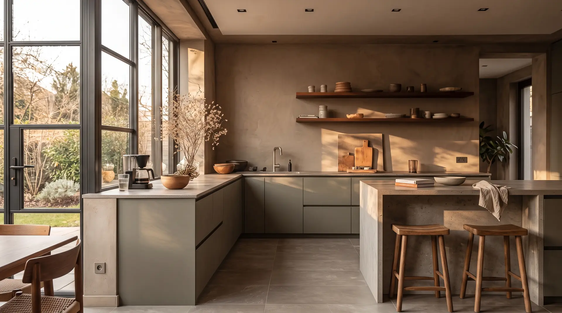 Keuken met matte olijfgroene fronten en open planken