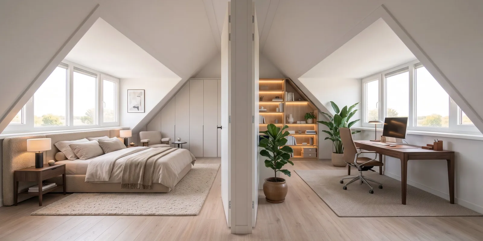 Zolder gesplitst in twee kamers met een tussenwand: een slaapkamer en een werkkamer, elk met een dakkapel